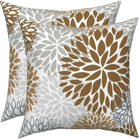 Brown Dahlia Pillow Covers 20x20 Set of 2, Coffee Gray Geometric Floral Outdoor Throw Pillow Covers Spring Summer Pillowcase Modern Farmhouse Home Decorations Cushion Case for Living Room Bedroom