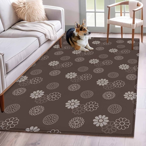 Brown Daisy Area Rug 4x6 Washable Rug Non Slip Modern Farmhouse Chrysanthemum Floral Large Area Rug Indoor Floor Carpet for Entryway Bedroom Kitchen Living Room Home Office Dining Room Nursery
