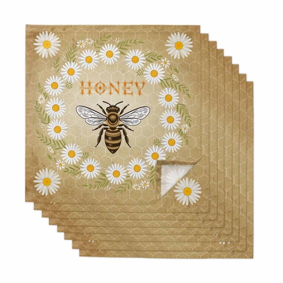 Brown Daisy Bees Cloth Napkins, Spring Farmhouse Honey Floral Rings Washable and Reusable Dinner Napkins Set of 8, Table Napkin for Kitchen Party Birthday Wedding Hotel Housewarming 20"x20"