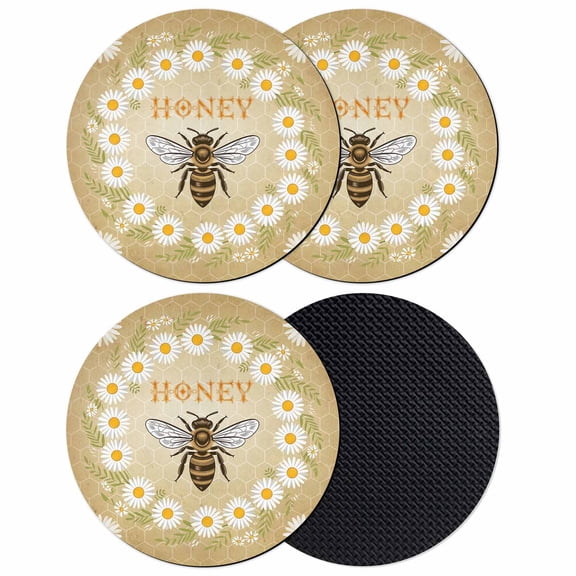 Brown Daisy Bees Coasters Set of 4, Absorbent Coasters for Drinks, Spring Farmhouse Honey Floral Rings Coaster for Desk Coffee Table Protection, Home Decor House Warming Gifts 4"