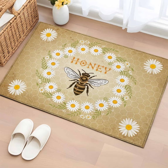 Brown Daisy Bees Entryway Rug 2'x3' Non Slip Front Door Mats, Spring Farmhouse Honey Floral Rings Entrance Rugs Indoor Outdoor Carpet, Washable Floor Mats Small Area Rug for Bedroom Kitchen