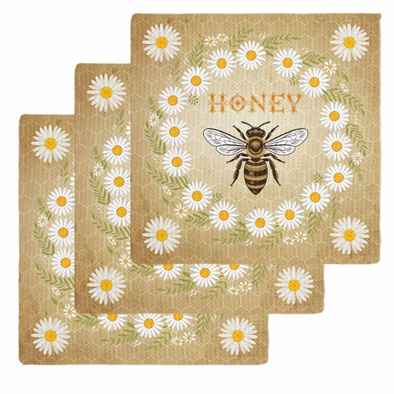 Brown Daisy Bees Kitchen Dish Towels for Drying Dishes Set of 3, Spring Farmhouse Honey Floral Rings Waffle Weave Microfiber Hand Tea Bathroom Towels Quick Dry & Absorbent Towel 12x12