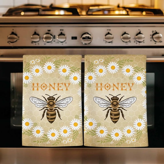 Brown Daisy Bees Kitchen Towels Set of 1, Spring Farmhouse Honey Floral Rings Absorbent Dish Towels for Kitchen, Microfiber Hand Towel, Quick Drying Tea Towel for Cleaning Decorative Dishcloths