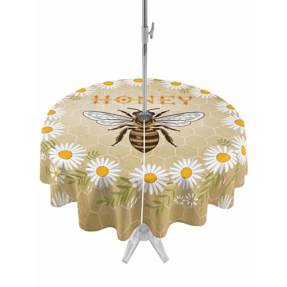 Brown Daisy Bees Outdoor Tablecloth - 54 Inch Round Dining Table Cover, Spring Farmhouse Honey Floral Rings Waterproof Outdoor Table Cloth with Umbrella Hole & Zipper for Picnic/Patio/Party