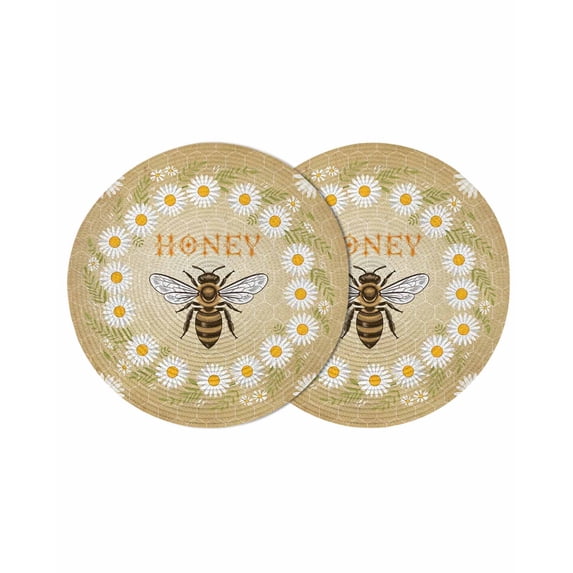 Brown Daisy Bees Round 13 Inch Placemats Set of 2, Spring Farmhouse Honey Floral Rings HeatResistant Non Slip Place Mats for Dining Table, Wipeable Braided Kitchen Table Mats for Housewarming