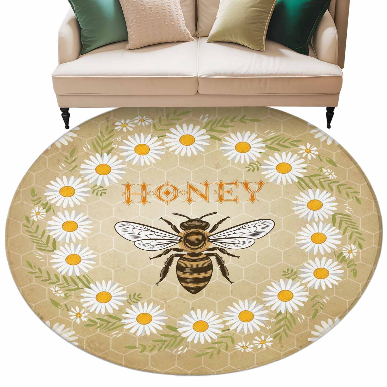 Brown Daisy Bees Round Area Rugs Collection 7', Spring Farmhouse Honey ...