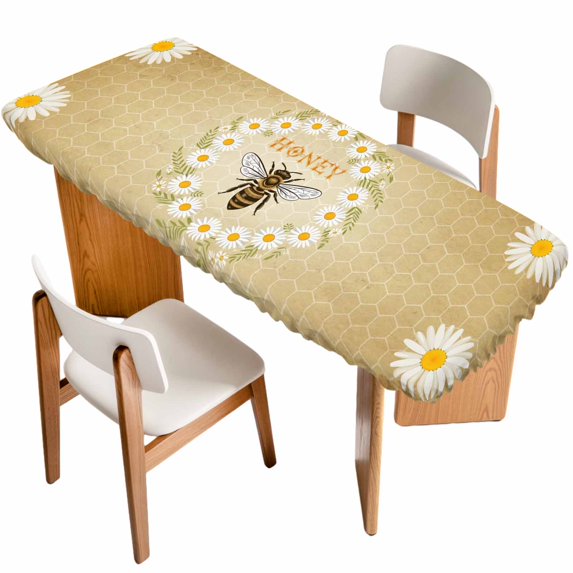 Brown Daisy Bees Table Cloths for 8 Foot Rectangle Tables, Spring Farmhouse Honey Floral Rings Patio Waterproof Elastic Fitted Tablecloths, Washable Rectangular Table Cover for Camping