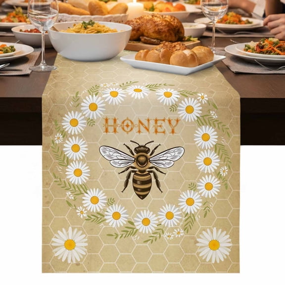 Brown Daisy Bees Table Runner 70 Inch Long Dresser Scarves Linen Tablerunners Spring Farmhouse Honey Floral Rings Dining Kitchen Burlap Table Setting Decor for Wedding Party Holiday Coffee, 13"x70"
