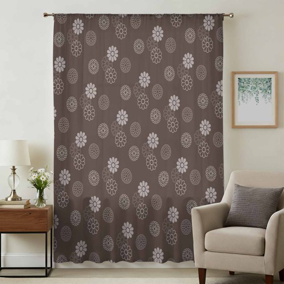 Brown Daisy Sheer Curtains 45 Inches Long for Bedroom, Modern Farmhouse Chrysanthemum Floral Light Filtering Privacy Drapes, Breathable Semi Sheer Short Window Treatment for Kitchen Cafe Bathroom