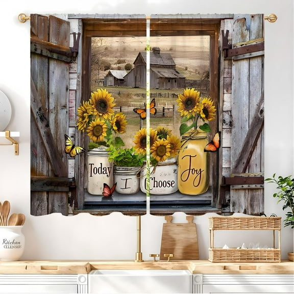 2 Panels Rusitc Farmhouse Kitchen Curtains 28"x40" Rod Pocket Country Retro Wood Vintage Small Short Cafe Curtain Inspirational Window Drapes Treatment Bathroom Home Decor
