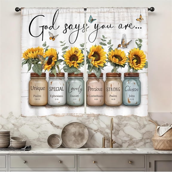 Sunflower Inspirational Kitchen Curtain 28W X 40L Inch 2 Panel Rod Pocket Yellow Floral God Says You Are Quotes Farmhouse Christian Scripture Bible Small Short Cafe Tier Window Drapes Decor