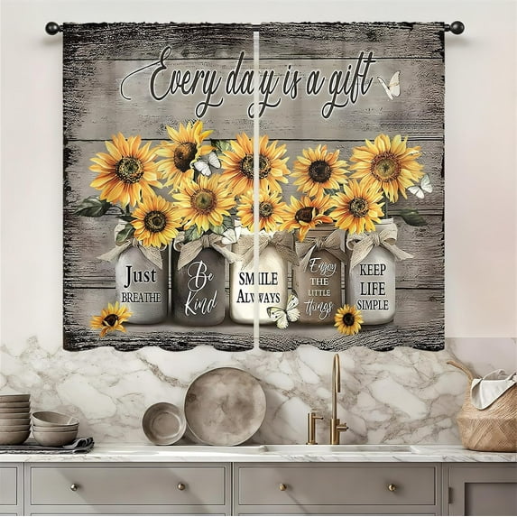 Farmhouse Vintage Country Sunflower Kitchen Curtains 28W X 40L Inch 2 Panels Rod Pocket Brown Rustic Yellow Floral Inspirational Small Short Cafe Tier Cottage Window Drapes Treatment Decor