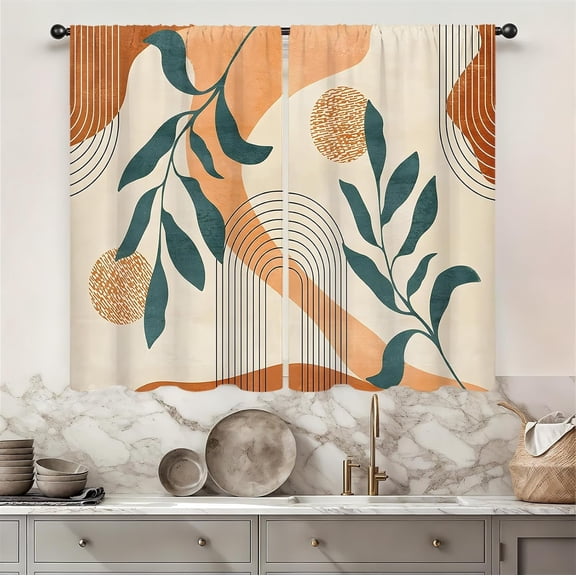 Mid Century Boho Kitchen Curtains 28W X 40L Inch 2 Panels Rod Pocket Geometric Modern Bohemian Arch Leaves Abstract Small Short Cafe Tier Curtain Window Drapes Treatment Home Decoration