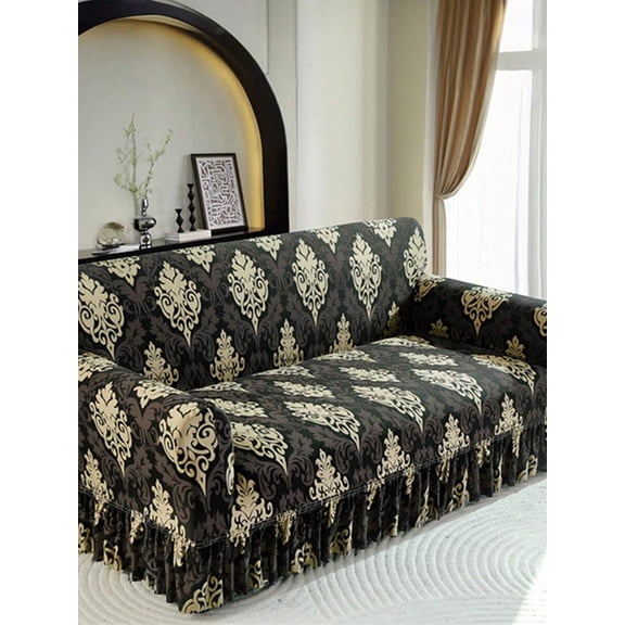 Brown Damask Print Skirt-Style Elastic Sofa Cover, Full Coverage Dustproof Protector For Living Room