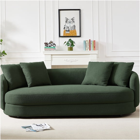 Brown & Dark Green Modern French Boucle Sofa, 85" Upholstered Fabric Couch with Solid Wood Legs for Living Room