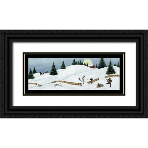 Brown, David Carter 32x15 Black Ornate Wood Framed with Double Matting Museum Art Print Titled - Christmas Valley Snowman