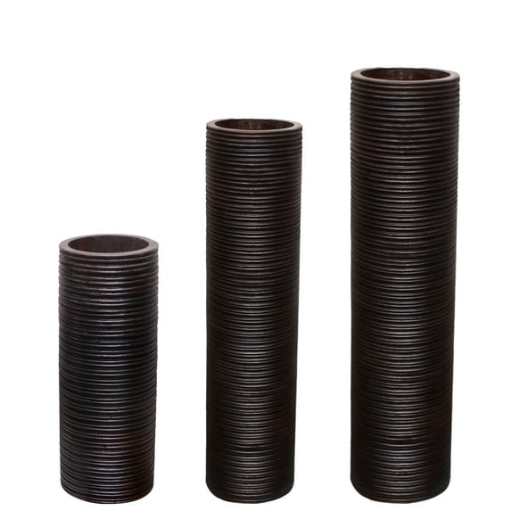 Brown Decorative Contemporary Mango Wood Ribbed Design Cylinder Shaped Vase, Set of 3