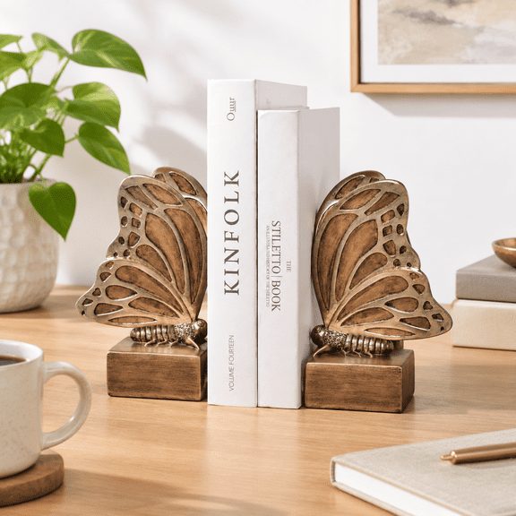 Brown Decorative Heavy Duty Butterfly Bookends for Home Office Shelves