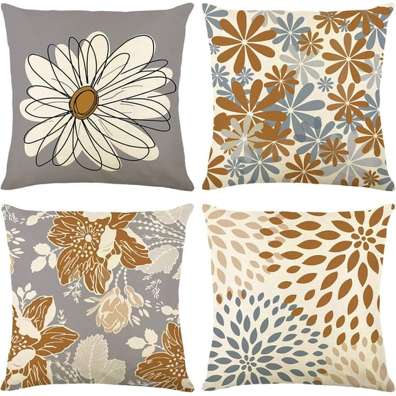 Brown Decorative Throw Pillow Covers 18x18 Set of 4, Brown and Grey Modern Daisy Floral Pillows Linen Pillow Covers for Couch Sofa Living Room