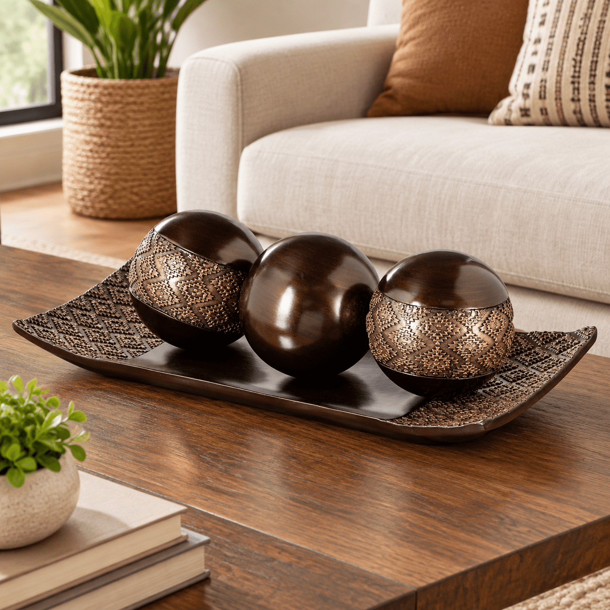 Brown Decorative Tray And 3 Orb Set For Living Room Dining Entry Table ...