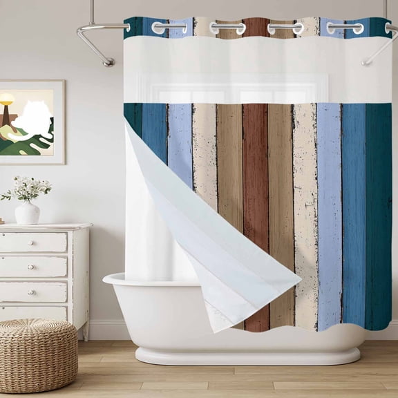 Brown Deep Blue No Hook Shower Curtain with Snap in Liner, Modern Vintage Wood Texture Rectangle Waterproof Shower Curtains with See Through Top Window Liner for Bathroom, 72x72 Inches