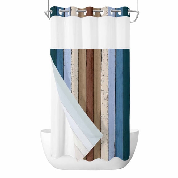 Brown Deep Blue No Hook Shower Curtain and Snap in Liner Set, Modern Vintage Wood Texture Rectangle Waterproof Shower Curtain Liner Set with Mesh Top Window for Bathroom 36x78in