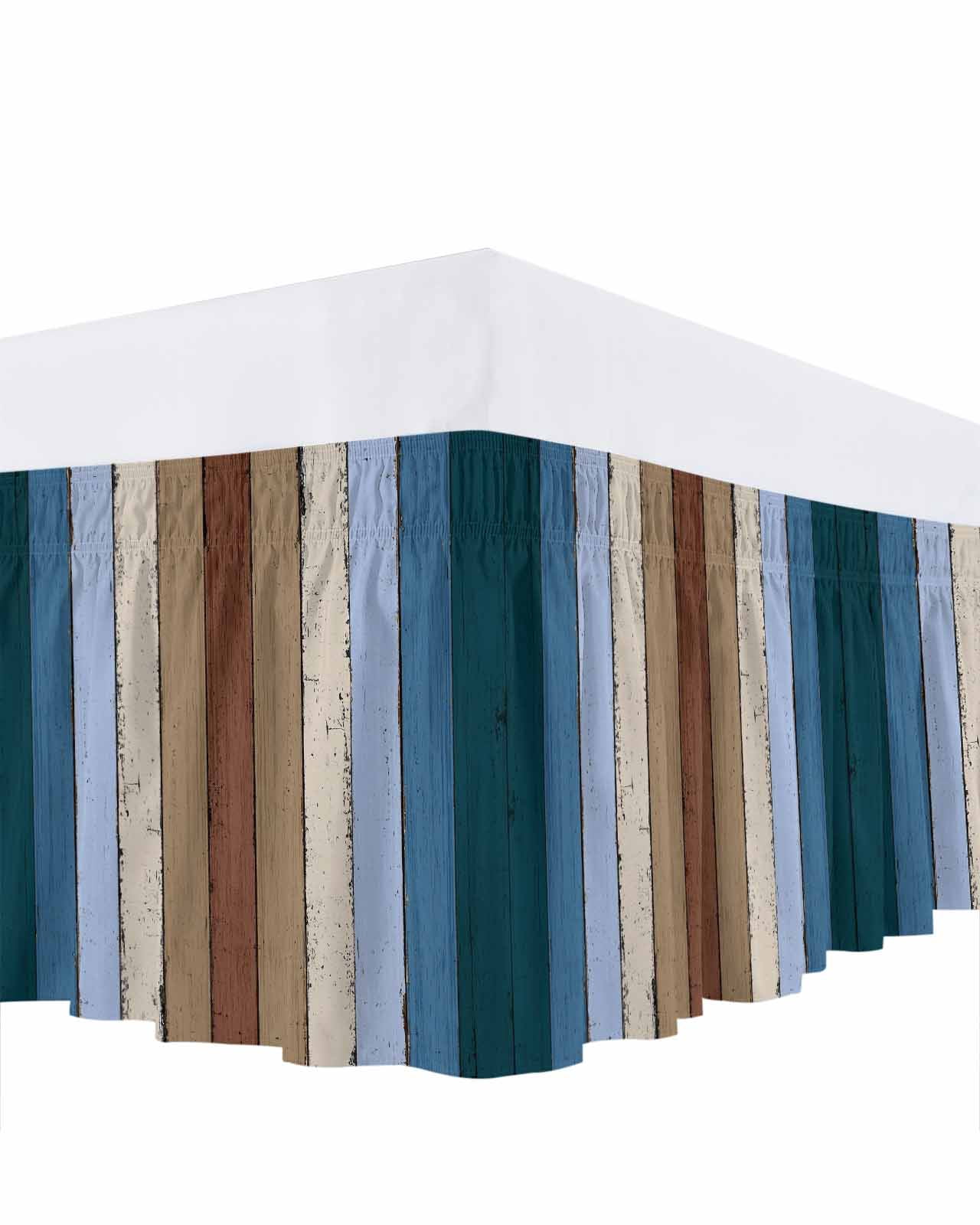 Brown Deep Blue Ruffle Bed Skirt California King Size Modern Vintage Wood Texture Rectangle Adjustable Elastic Dust Bed Skirts Wrap Around Bedskirt Wrinkle Free Easy Fit with 16 Inch Drop