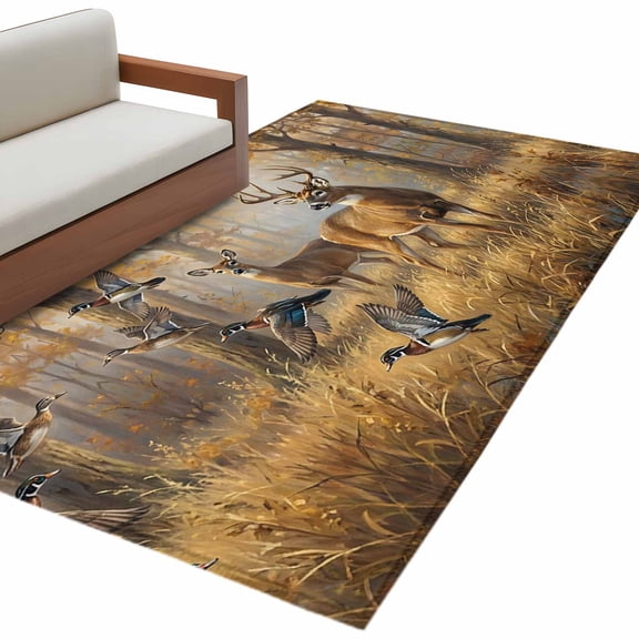 Brown Deer Birds Area Rug 4x6 Washable Rug Non Slip Autumn Forest Trees Grass Natural Scenery Large Area Rug Indoor Carpet for Entryway Bedroom Kitchen Living Room Home Office Dining Room Nursery