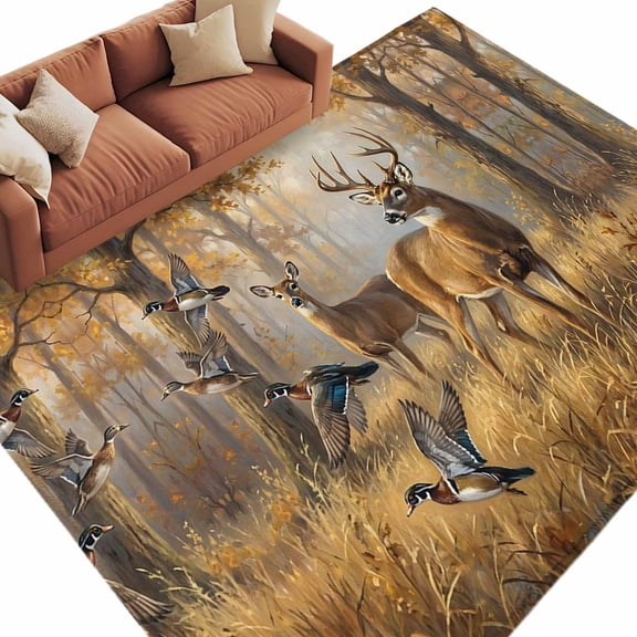 Brown Deer Birds Area Rug 8x10 Washable Rug Non Slip Autumn Forest Trees Grass Natural Scenery Large Area Rug Soft Stainresistant Indoor Carpet for Living Room Bedroom Home Office Dining Room Nursery
