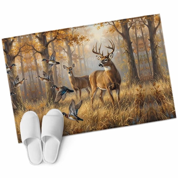 Brown Deer Birds Bathroom Rug Washable 2x3 Entryway Rug Non Slip Autumn Forest Trees Grass Natural Scenery Front Door Mat Low Pile Indoor Doormat Throw Floor Carpet for Kitchen Bedroom Entrance