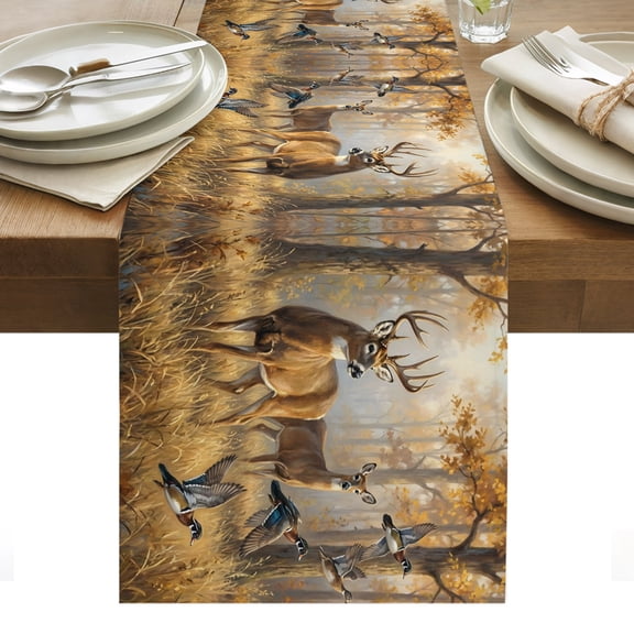 Brown Deer Birds Table Runner Autumn Forest Trees Grass Natural Scenery Tablerunners 16 x 72 Inch, Table Decorations Tabletop Scarf for Summer Gathering Holiday Farmhouse Kitchen Dining Decor
