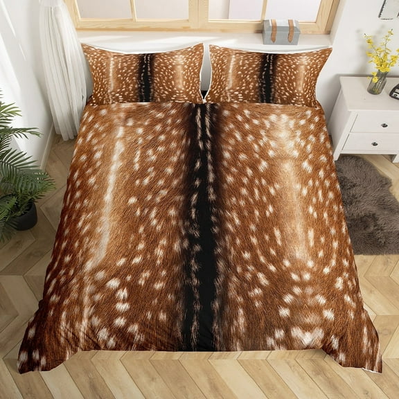 Brown Deer Hide Bedding Set for Men Women,Hunting Elk Reindeer Duvet Cover Queen,Jungle Woodland Animal Skin Comforter Cover,Wild Animals Print Bed Sets Wild Safari Themed Room Decor