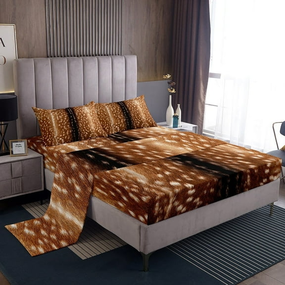 Brown Deer Hide Sheets for Men Women,Hunting Elk Reindeer Fitted Sheet Queen,Jungle Woodland Animal Skin Sheet Set,Wild Animals Print Top Sheet Wild Safari Themed Room Decor