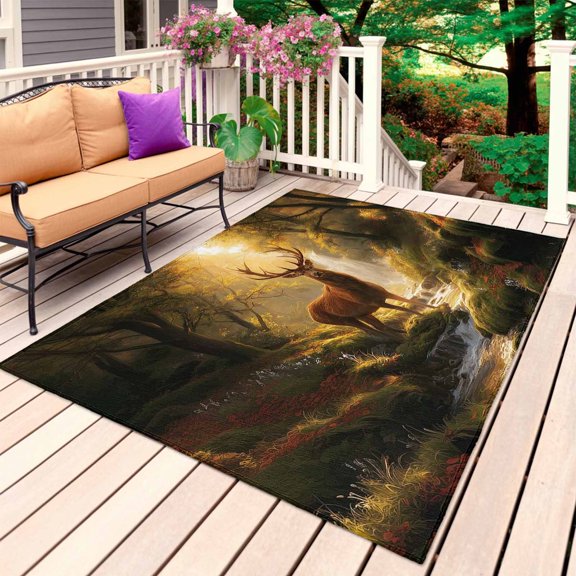 Brown Deer Outdoor Rug for Patio/Deck/Porch, Non-Slip Large Area Rug 3 x 5 Ft, Forest Modern Art Animals Trees Indoor Outdoor Rugs Washable Area Rugs, Reversible Camping Rug Carpet Runner