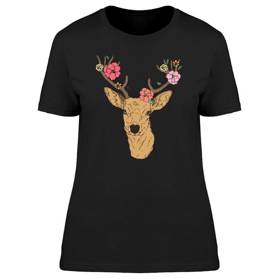 Brown Deer With Flower Antlers T-Shirt Women -Image by Shutterstock, Female x-Large