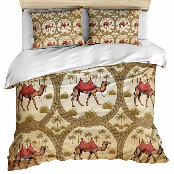 Brown Desert Camels Bedding 3 Piece Duvet Cover Set Full Size, Tropical Date Coconut Trees Cords Leaves Microfiber Comforter Cover with Zipper Closure & Pillowcases, FadeResistant Quilt Cover