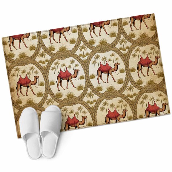 Brown Desert Camels Entryway Rug 2x3 Area Rug Washable Indoor Doormat Small Bathroom Rugs Non-Slip Accent Throw Rugs Tropical Date Coconut Trees Cords Leaves Floor Carpet for Kitchen Bedroom Entrance