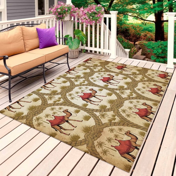 Brown Desert Camels Outdoor Rug 6x9 Ft, Non Slip Washable Area Rug, Tropical Date Coconut Trees Cords Leaves Patio Rugs Carpet Runner, Large Floor Mat for Indoor/Outdoor Deck Porch Camping