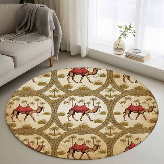 Brown Desert Camels Round Area Rug 4ft, Tropical Date Coconut Trees Cords Leaves Washable Non-Slip Circle Rugs for Bedroom Living Room Kitchen, Soft Non Shedding Circle Carpet for Dining Room Dorm