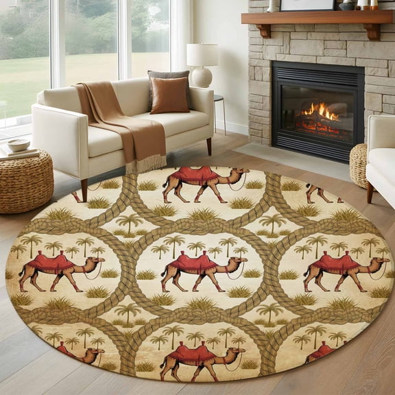 Brown Desert Camels Round Area Rug 5ft, Tropical Date Coconut Trees Cords Leaves Washable Non-Slip Circle Rugs for Bedroom Living Room Kitchen, Soft Low Pile Carpet for Dining Room Playroom Nursery
