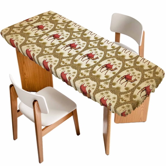 Brown Desert Camels Table Cloths for 8 Foot Rectangle Tables, Tropical Date Coconut Trees Cords Leaves Patio Waterproof Elastic Fitted Tablecloths, Washable Rectangular Table Cover for Camping