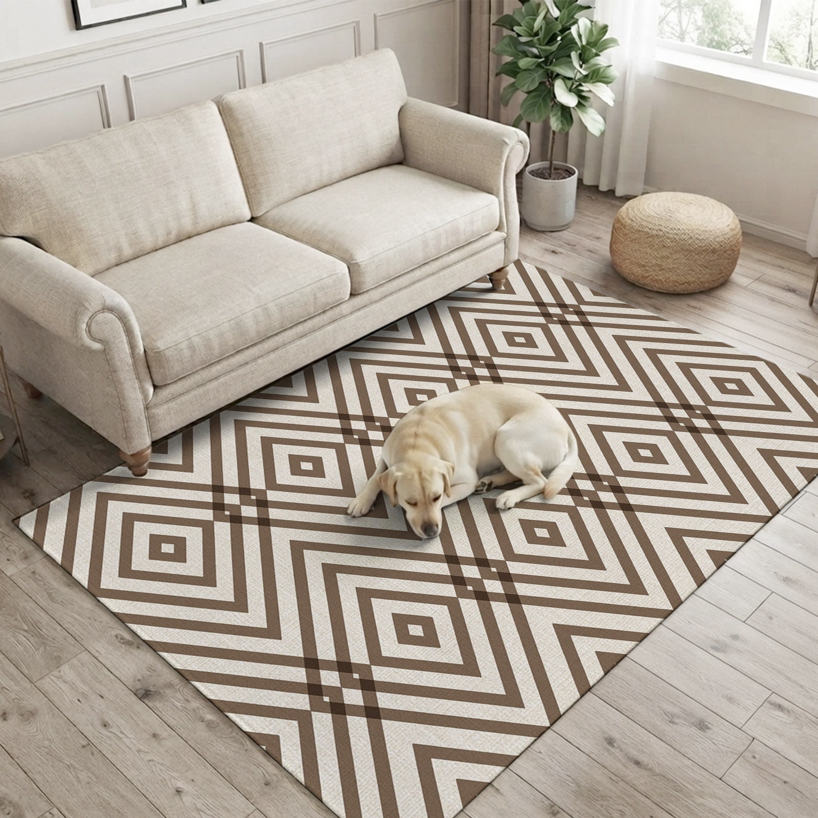 Washable Abstract Shape Rug Brown Diamond Shape Area Rugs 4x6ft Abstract Minimalist Modern Parallel ...