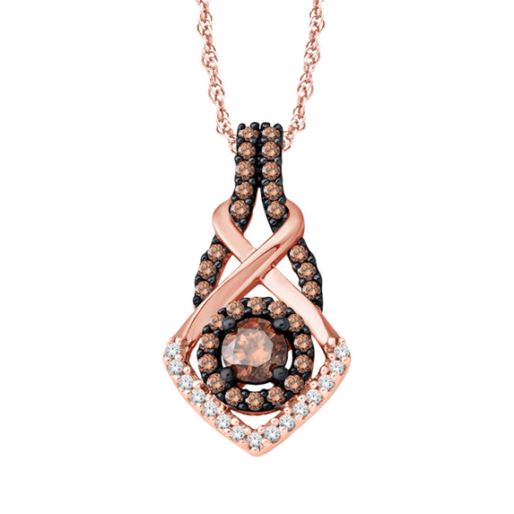 Brown Diamond and White Diamond Twist Frame Pendant Necklace in 18"inch 14K Rose Gold Vermeil Bridal Pendant Necklace