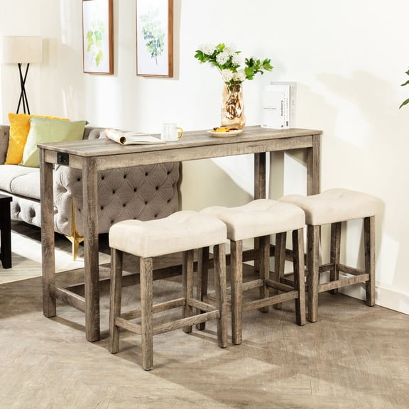 Brown Dining Bar Table and 3 Stools Set | Ideal for Small Spaces with USB and Type - C Charging | Sturdy MDF and Rubber Wood Structure | Comfortable Upholstered Stool Cushions