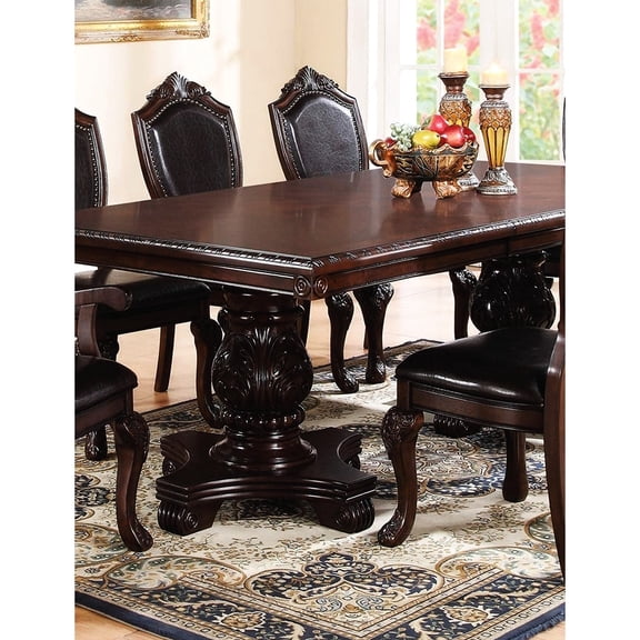 Brown Dining Table With Leaf, Strong Pedestal Base, Ideal For Formal Settings Luxury Only, Finish, Padded Seat, Intricate Design, Traditional Style