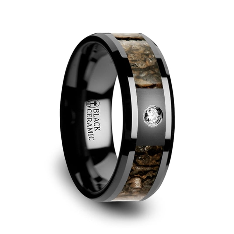 Brown Dinosaur Bone Inlaid Black Ceramic Diamond Wedding Band With Beveled Edges