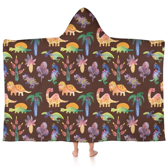 Brown Dinosaurs Flowers Trees Pattern Hooded Bath Towel,60"x35" for Ages 3 To 12 Kids, Quick Dry Lightweight Soft Microfiber Hood Beach Towel Cover Up for Kids