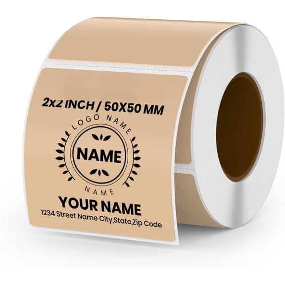 Brown Direct Thermal Labels Vinyl 2 x 2 Inch Self-Adhesive Square Stickers Roll Printer Name Tag for QR Code DIY Office Address 500 count