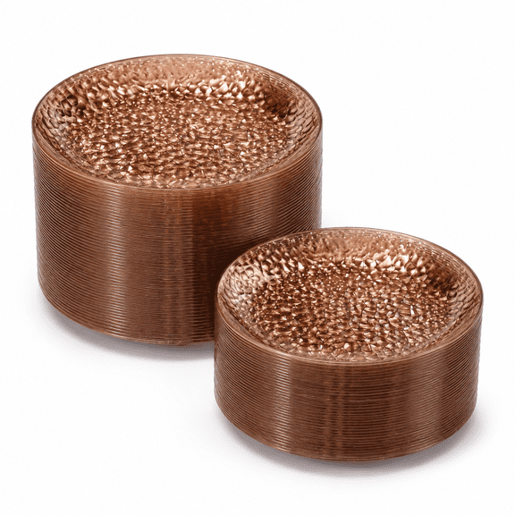 Brown Disposable Hammered Heavy Duty Plastic Party Plates, 200 Piece Set