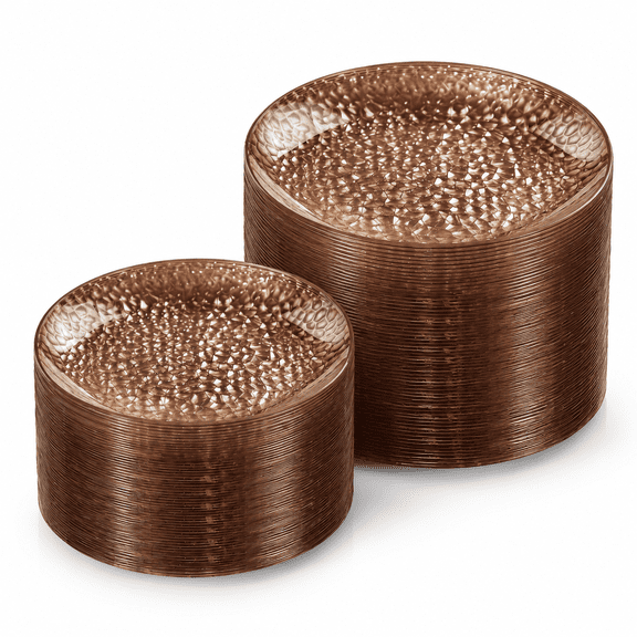 Brown Disposable Hammered Plastic Party Plates, 200 Count Total (100 Dinner, 100 Salad)